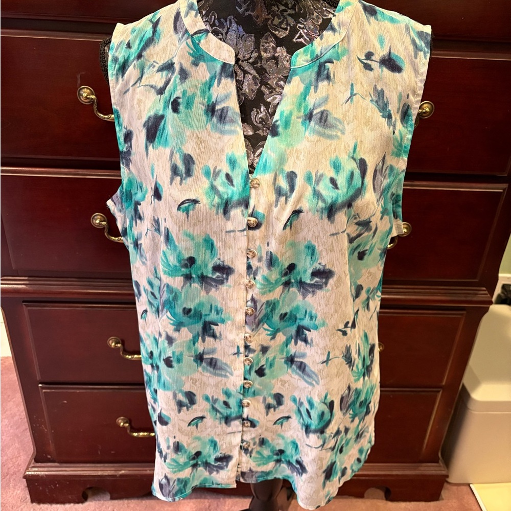 Croft & Barrow Floral Sleeveless Blouse - Green and Blue, XL